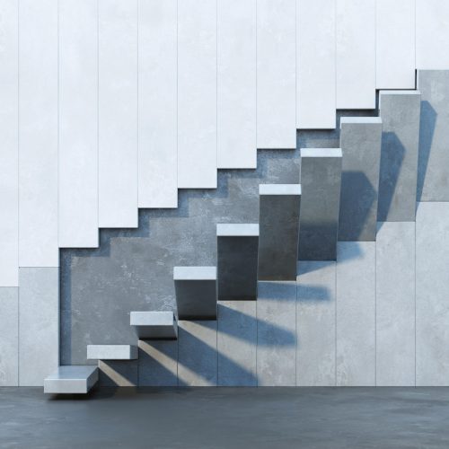 Floating staircase symbolizing progress through strategic space design in uncertain times