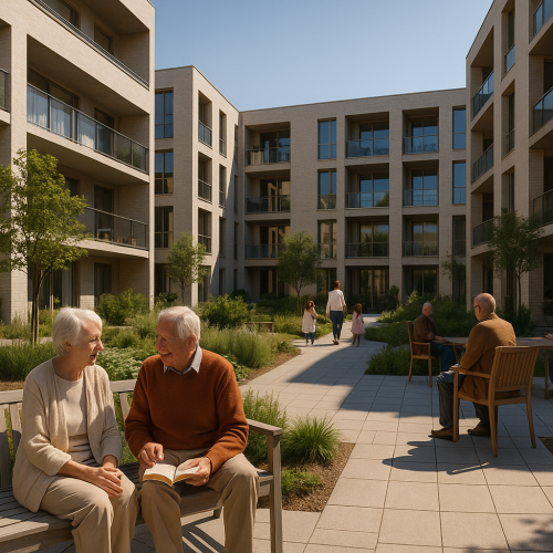 Senior living communities courtyard with elderly couple outdoors, modern architecture, greenery, designed by STIRIXIS Residential.