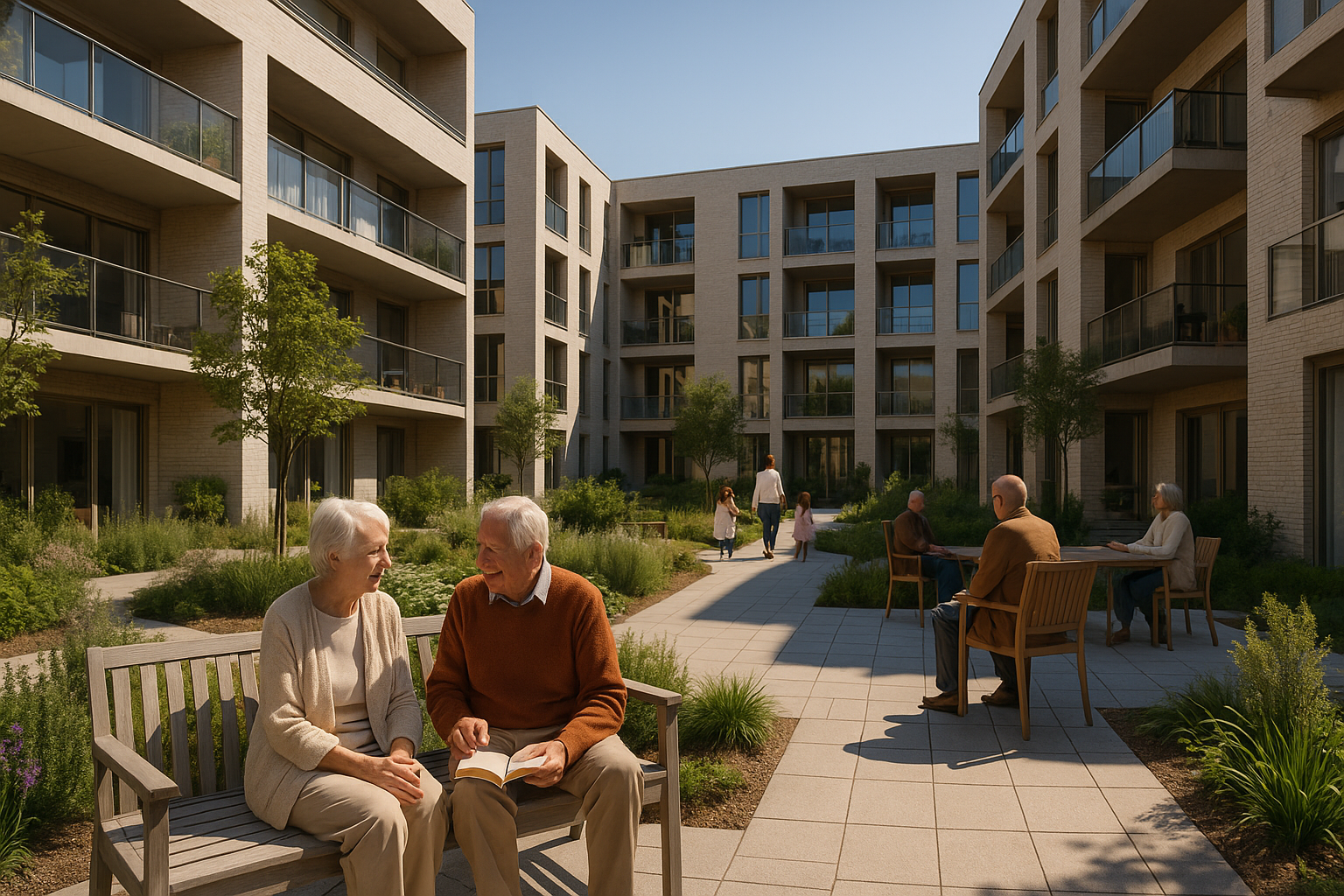 Senior living communities courtyard with elderly couple outdoors, modern architecture, greenery, designed by STIRIXIS Residential.