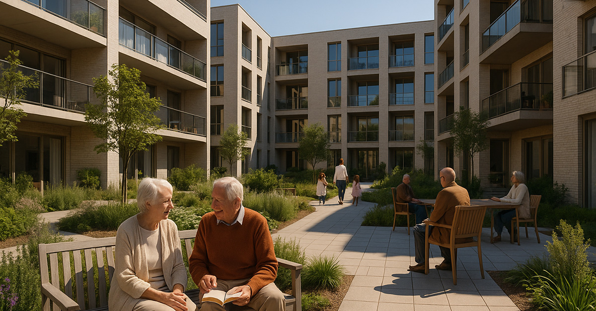 Senior living community courtyard with elderly couple sitting outdoors, modern residential buildings, greenery, and shaded seating areas.