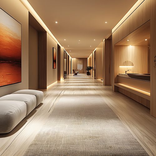 Warm minimalist hotel corridor interior with soft indirect lighting, natural wood, and modern artwork — symbolizing STIRIXIS Group’s philosophy of hospitality as daily prosperity.