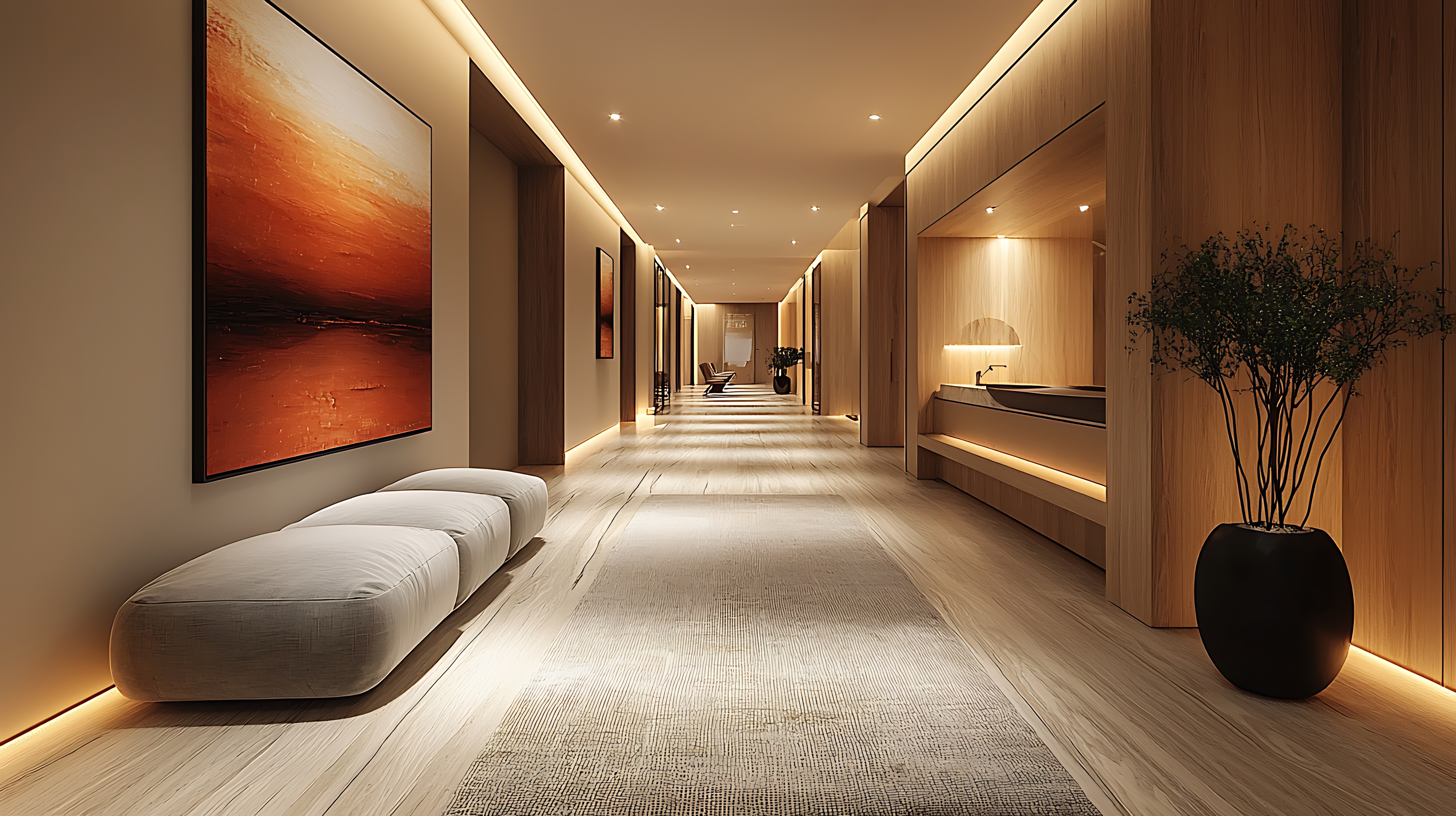 Warm minimalist hotel corridor interior with soft indirect lighting, natural wood, and modern artwork — symbolizing STIRIXIS Group’s philosophy of hospitality as daily prosperity.