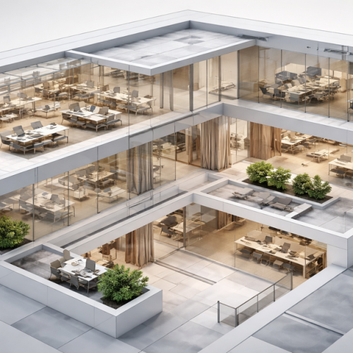 Axonometric architectural cutaway showing multi-floor coordination, integrated circulation, and cross-discipline alignment of strategy, design, procurement, and construction decisions.